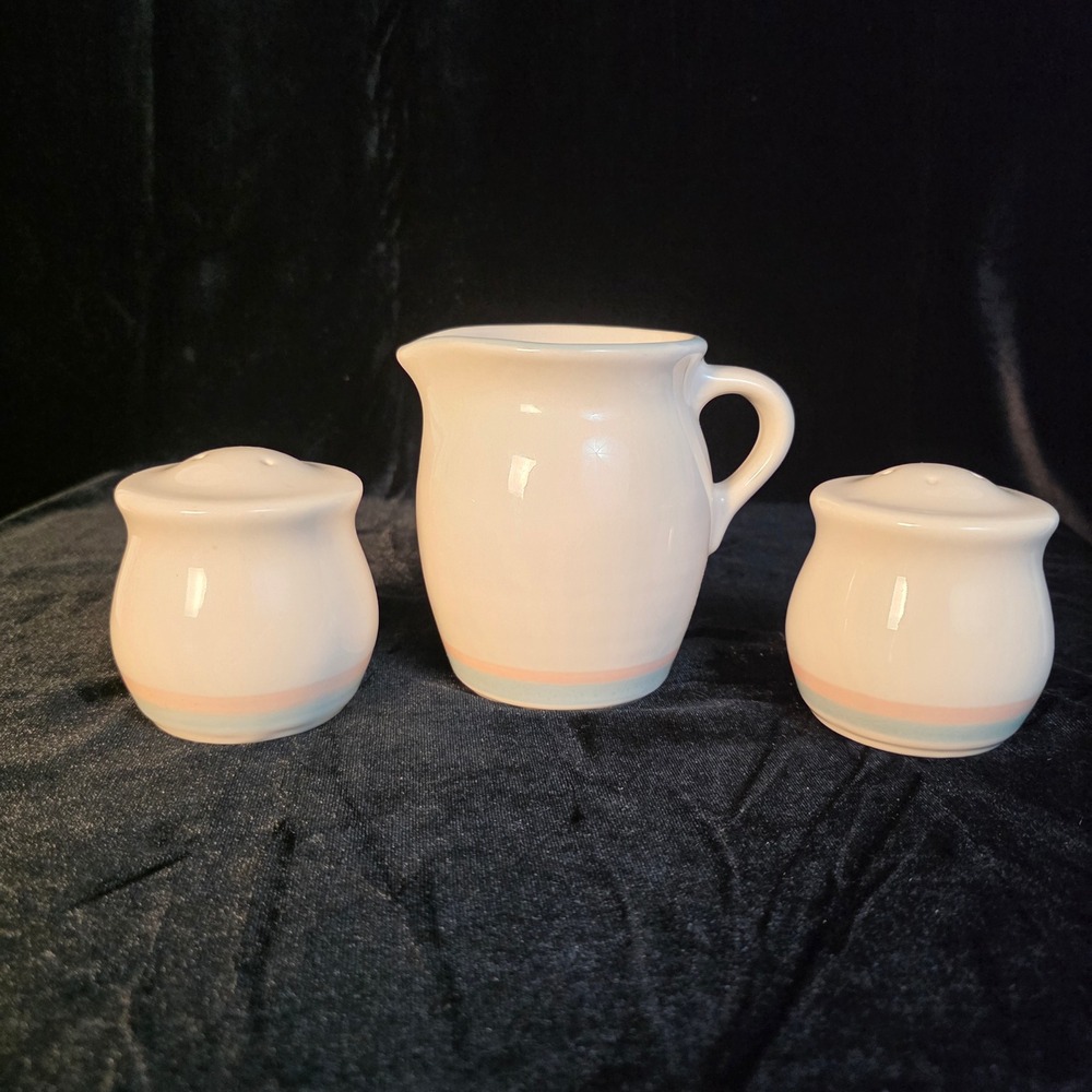 Pfaltzgraff Aura Pink Creamer and Salt & Pepper Shaker Set Pink Blue Stripes